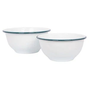 2pc Green White Enamel Mixing Bowl Set Deep Kitchen Baking Cooking Salad Bowls - Picture 1 of 7