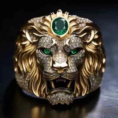 3Ct Lab Created Emerald Round Cut Lion Head Ring 14K Yellow Gold Plated  - Image 1 of 4