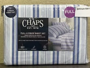 CHAPS by Ralph Lauren 6pc Full Sheet Set w/4 Pillowcases White Blue Dash Stripe - Picture 1 of 4
