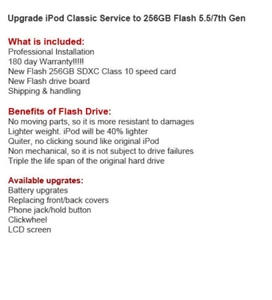 Servizio di aggiornamento memoria flash 256 GB per iPod 5a/7a generazione classica - Foto 1 di 1