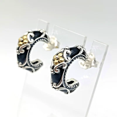 Barbara Bixby Sterling Silver 925 18K Gold Black Enamel Ornate Hoop Earrings - Image 1 of 4