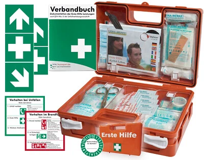 HM ARBEITSMEDIZIN Verbandkasten (K) nach aktueller DIN 13157 -DSGVO + Verbandbuch + AUFKLEBERN