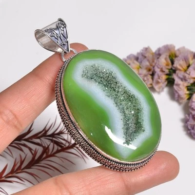 Grün,Botswana Achat Druzy Quarz Edelstein Handmade 925 Silber Anhänger 2.7 " Kar - Bild 1 von 4