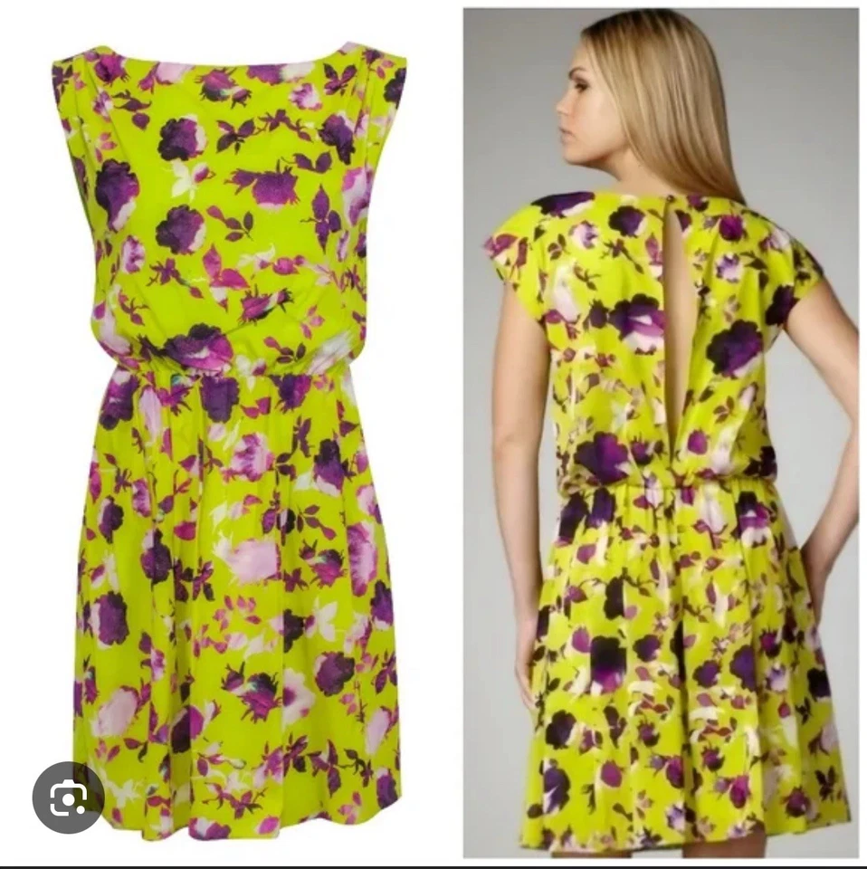Alice + Olivia Silk Chartreuse Purple Floral Dress Small - Image 1 of 1
