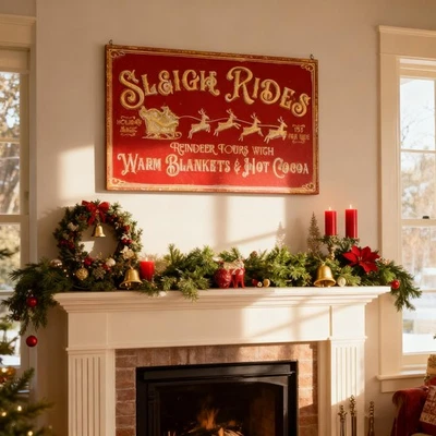 31.5" Red Christmas Metal Wall Sign - Vintage Santa Claus Reindeer & Sleigh M... - Image 1 of 4