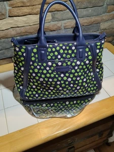 VERA BRADLEY TRAPEZOID TOTE "LUCKY DOTS" QUILTED BLUE WITH GREEN AND WHITE DOTS - Picture 1 of 12