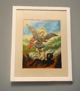 ๐ผ๏ธ FRAMED Original -Devotional Oil Painting of Saint Michael Archangel -38x30cm - Picture 1 of 17
