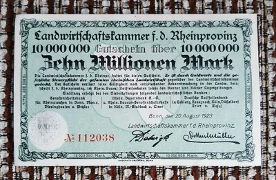 Germany, Preuβen, Rheinprovinz - 10 million marks 1923 - Gr RPR 50f - UNC - Image 1 of 2