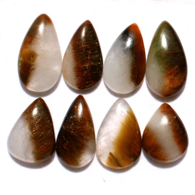 8 Pcs Natural Cacoxenite Rutilated Quartz 22mm-29mm Pear Cabochon Gemstones Lot - Image 1 of 4