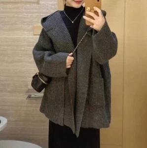 Mujeres 2024 Moda Capucha Bolsillo Tejido Suéter Cárdigan Abrigo Chaqueta XXZH - Imagen 1 de 7