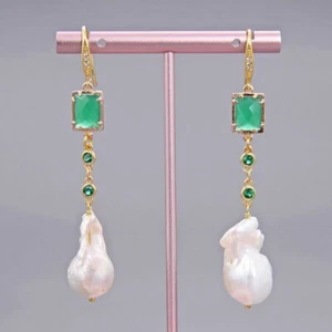 Natural White Keshi Pearl Green Crystal Cz Chain Earrings Handmade Lady Gifts - Picture 1 of 6