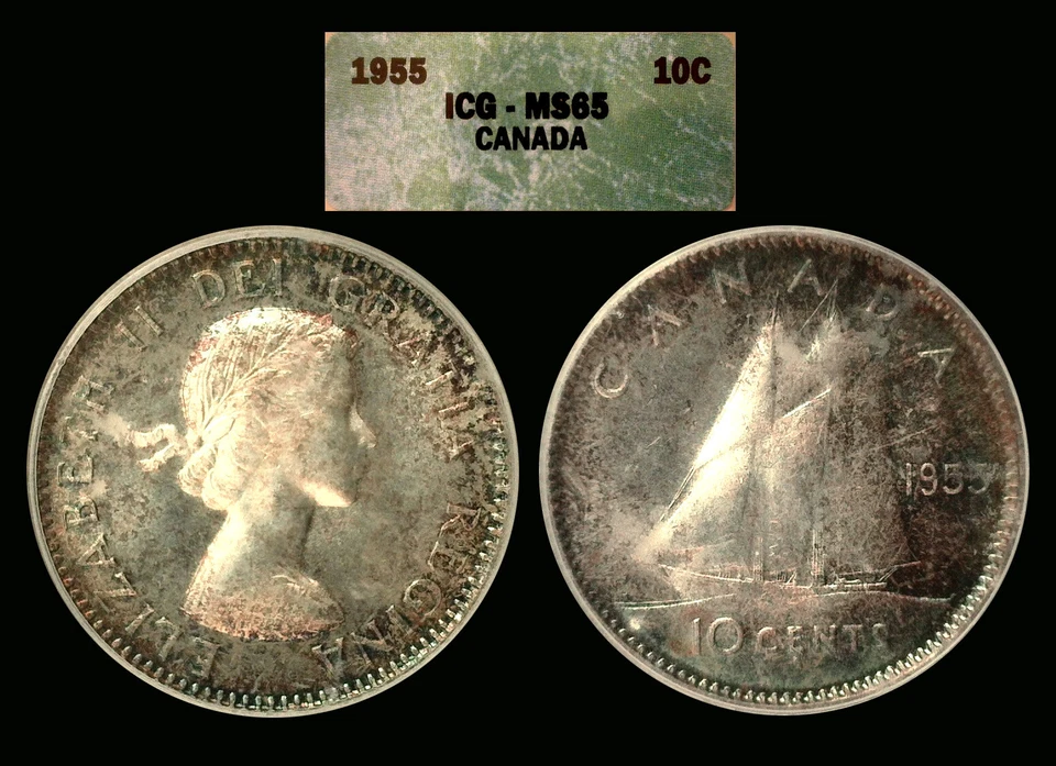 1955 Beautifully toned Canadian Dime Graded MS65 by ICG. Nice Color. - Image 1 of 1