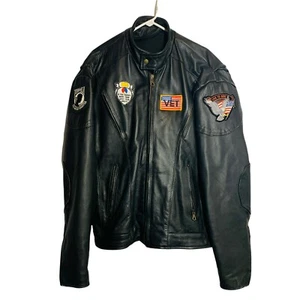 Vintage Unik Leather Military POW Vietnam Vet Patches Black Liner Jacket Size 50 - Picture 1 of 11