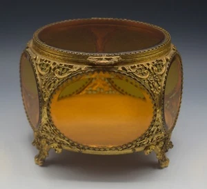 ORMOLU ÁMBAR BISELADO VIDRIO GRANDE JOYERO VINTAGE - Imagen 1 de 15