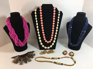 Costume Jewelry Lot 8 pieces One is marked Monet Ivory Blue Pink Coral Wood - Picture 1 of 12