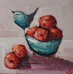 BOWL OF ORANGES OIL PAINTING VIVEK MANDALIA IMPRESSIONISM 12X12 ORIGINAL  - Picture 1 of 4