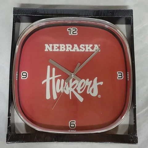 Nebraska Cornhuskers Wall Clock New In Package Square Red Face Silver Trim Cover
