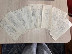 10 Vintage French 1940s Original Fashion Pencil Drawings 1945 Signed Rare - Picture 1 of 6
