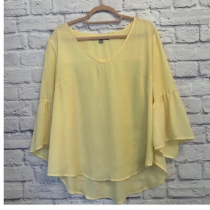 Valerie Stevens Bell Sleeve Blouse V-Neck Flowy Top Yellow Plus Size 1X - Picture 1 of 6