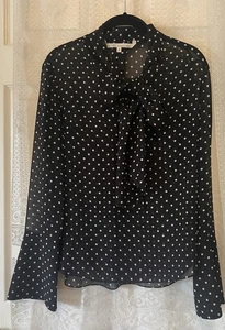Rachel Rachel Roy black polka Dot sheer long sleeve Bow Pullover Blouse M Career - Picture 1 of 8