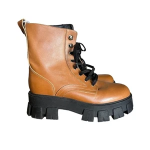 Marc Fisher LTD Happy Combat Lace Up Boots Cognac Leather Brown Size 9.5 Chunky - Picture 1 of 10