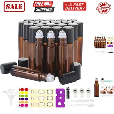 Paquete de 24 botellas enrollables de 10 ml para aceites esenciales - ámbar, vidrio con acero inoxidable... Foto 1 de 4