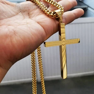 Large Cross Christian Pendant & 6mm 30" Box Cuban Stainless Steel Chain Necklace - Picture 1 of 17