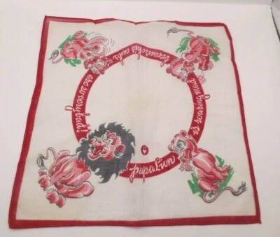 Lenço infantil Hanky "Papa Lion Is Roaring Mad" borda vermelha vintage 9" x 9" - Imagem 1 de 4