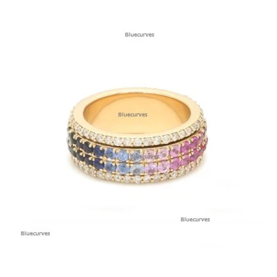 Anillo de zafiro y diamante banda gruesa anillo giratorio de oro macizo de 14 k con zafiro ombre Foto 1 de 4