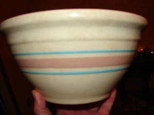 Vintage Large McCoy Mixing Bowl Pink & Blue Bands / Strips 10" Wide 5" Tall - Picture 1 of 10