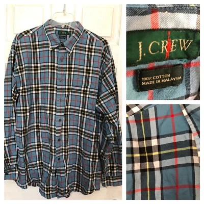 Camisa J.Crew 100 % algodón a cuadros manga larga azul negro blanco amarillo botones XL Foto 1 de 4