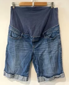 Denim Shorts Womens Size 14 Blue Maternity Elastic Waist Band Pockets Stretch - Picture 1 of 11