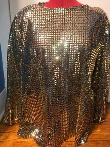Vintage 80s Golden Metallic Sequin Disco club party blouse Top Plus Size XL  - Picture 1 of 4