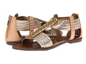 SANDALIAS DE MUJER SAM EDELMAN GLADIADOR CUERO GATSBY TACHONADAS ORO NATURAL NUEVAS - Imagen 1 de 8