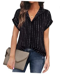 Women's Short Sleeve Chiffon Blouses for Office Work Large Black Stripe - Picture 1 of 7