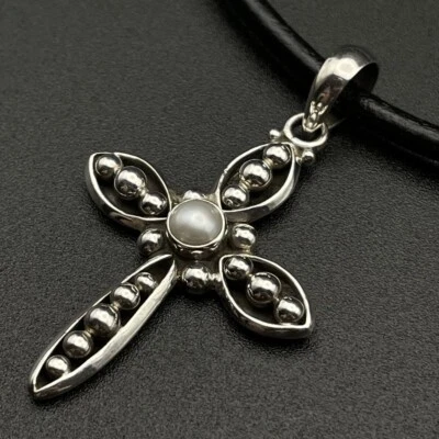 Retired Silpada S0971 Credence Cross Sterling Silver Pearl Cross Leather Cord - Image 1 of 4