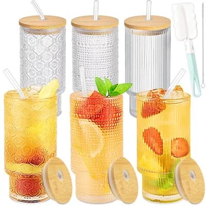 11oz Vintage Embossed Glass Cups Glasses Drinking Set of 6 Glass Cups with Li... - Picture 1 of 7