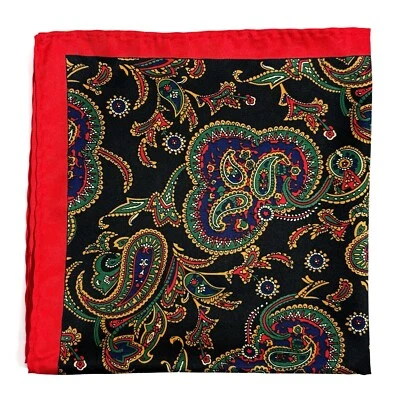 Bolso quadrado paisley preto e vermelho semelhante a seda (feito à mão) - Imagem 1 de 4