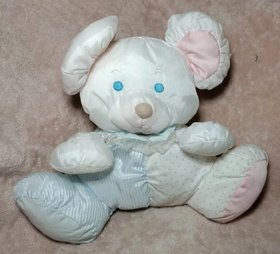 Fisher Price Puffalump Mouse Plush Blue White Pink Rattle 1988 Stripe Dots - Image 1 of 4