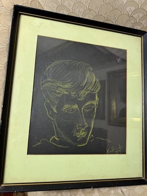 Tiza sobre papel vintage 1957 "Escena de retrato masculino" - firmada y enmarcada Foto 1 de 4