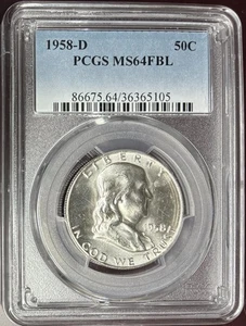 1958-D Silver Ben Franklin Half Dollar, PCGS MS-64 FBL - Picture 1 of 2