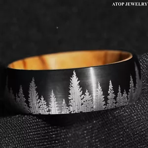 8mm Tungsten Black Forest Tree Setting with Olive Wood Men Wedding Band Ring