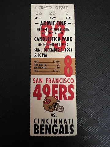 Football Tickets San Francisco 49ers vs Cincinnati Bengals 12/5/1993 Cover