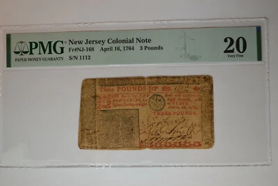 New Jersey- April 16, 1764 3 Pounds-  PMG Very Fine 20. Stained, Annotation. - Image 1 of 2