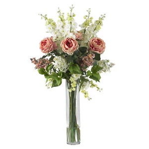 Pink Rose Delphinium Lilac Faux Silk Flower Arrangement Floral Clear Glass Vase - Picture 1 of 1