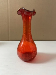 Vintage Rainbow Crackle Glass Vase Red Amberina 7-1/4” Hand Blown - Picture 1 of 8