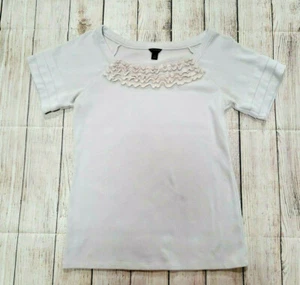 ANN TAYLOR SMALL BEIGE CREAM RUFFLE NECK TIERED SHORT SLEEVE TOP SHIRT - Picture 1 of 6