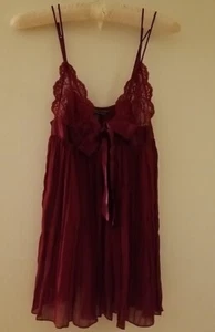 Victoria's Secret Chiffon Lace Satin Teddy Babydoll Burgandy Lingerie Nighty S - Picture 1 of 7