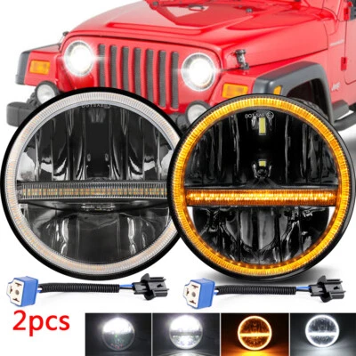 Pair 7" Inch Round LED HALO HEADLIGHTS Hi/Lo Beam Fit Jeep WRANGLER JK LJ TJ CJ - Image 1 of 4