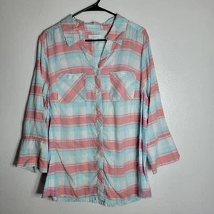 Coral Bay Linen Rayon Blend Top Plus Size 1X Blue Pink Button Front Tab Sleeve - Picture 1 of 5